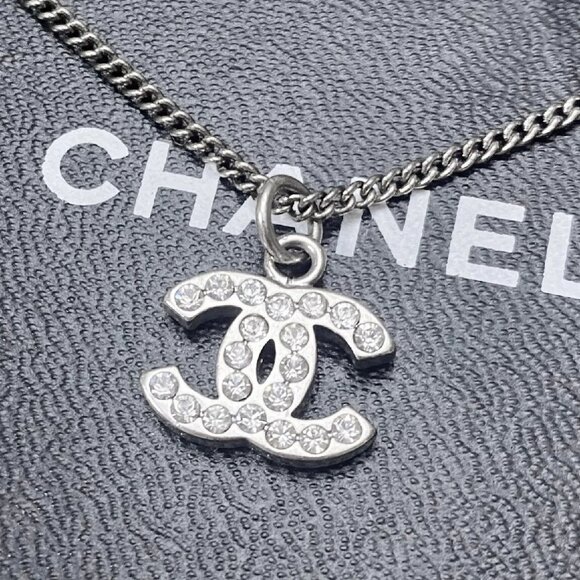CHANEL CC Logos Rhinestone Necklace 17" Silver Tone 09V Auth w/Box # - Picture 1 of 5